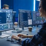 Business hand clicking "Hire" on a laptop screen displaying profiles of senior DevOps Engineers next to a 48-hour countdown clock