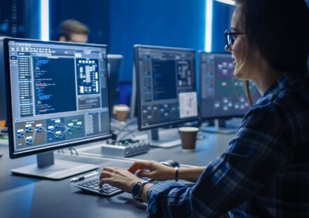 Business hand clicking "Hire" on a laptop screen displaying profiles of senior DevOps Engineers next to a 48-hour countdown clock
