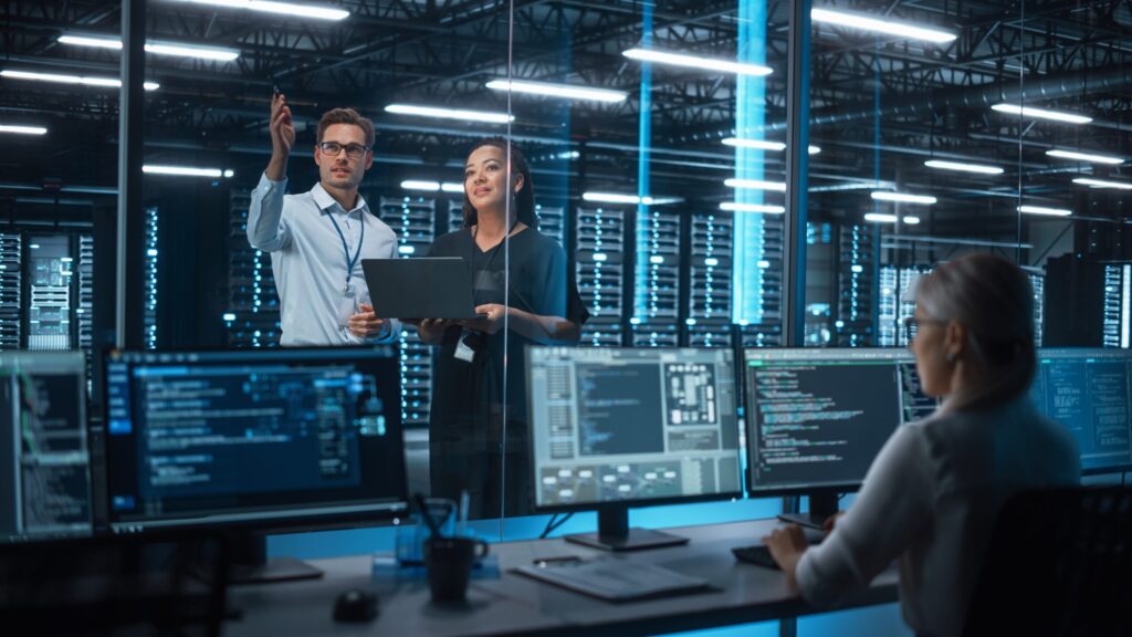Team of DevOps engineers collaborating on a CI/CD pipeline and cloud infrastructure automation dashboard with code and deployment diagrams.