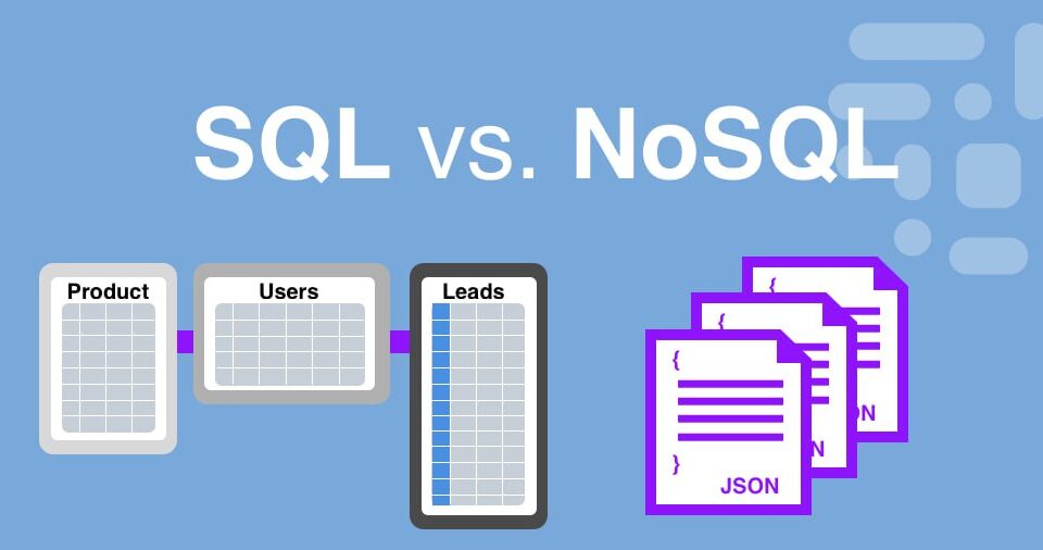 A digital illustration of a backend developer standing between two database pillars. The left pillar is labeled "SQL" with a structured table icon, and the right pillar is labeled "NoSQL" with a flexible document icon. The developer holds a glowing code symbol, representing full-stack data management. The text overlay reads: "Hire Backend Developers Skilled in SQL & NoSQL."