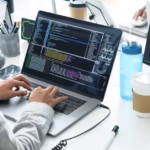 Team of dedicated developers working on a RESTful API integration with servers and code on screen