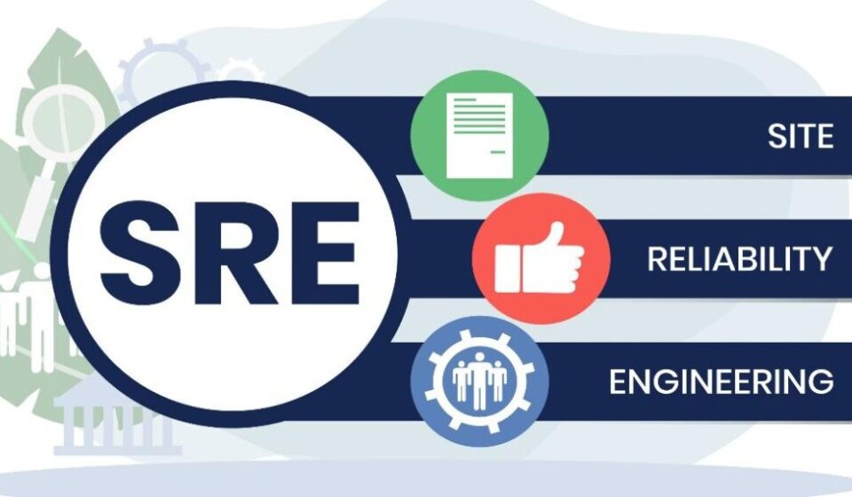 Business hand clicking on a contract document icon beside a team of SRE Engineers working on cloud infrastructure for a short-term project