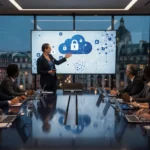 A futuristic digital shield composed of encrypted code blocks and firewall layers, hovering over a secure cloud network infrastructure. A magnifying glass icon searches for vulnerabilities while a checkmark badge signifies compliance. The overlaid text reads "Hiring Cloud Security Engineers: What You Need to Know."