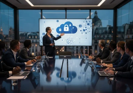 A futuristic digital shield composed of encrypted code blocks and firewall layers, hovering over a secure cloud network infrastructure. A magnifying glass icon searches for vulnerabilities while a checkmark badge signifies compliance. The overlaid text reads "Hiring Cloud Security Engineers: What You Need to Know."