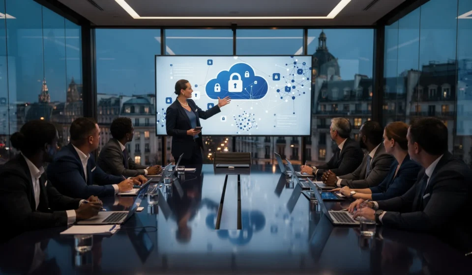 A futuristic digital shield composed of encrypted code blocks and firewall layers, hovering over a secure cloud network infrastructure. A magnifying glass icon searches for vulnerabilities while a checkmark badge signifies compliance. The overlaid text reads "Hiring Cloud Security Engineers: What You Need to Know."