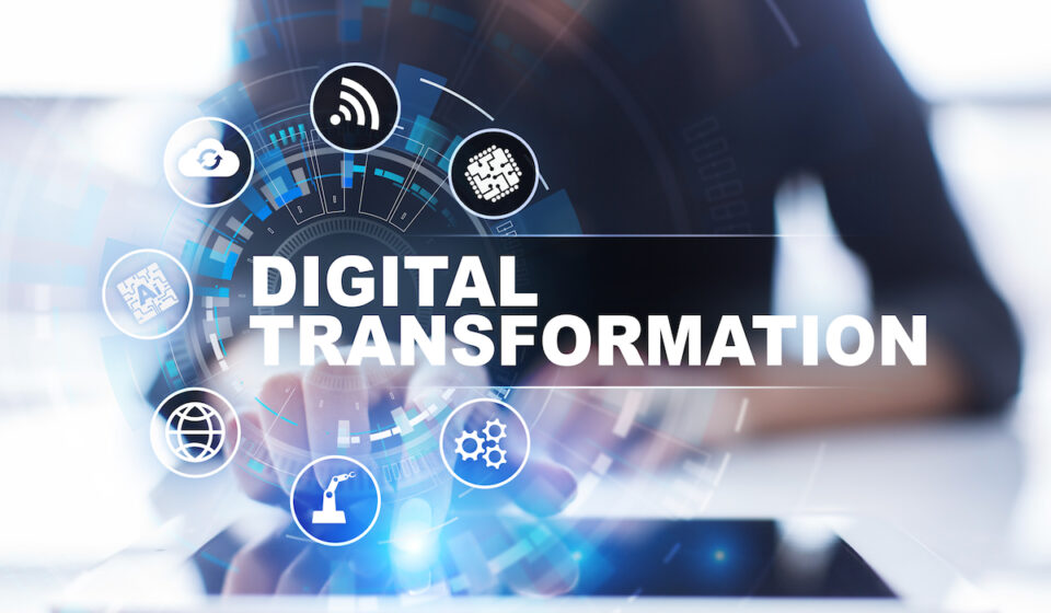 Illustration showing technical recruiters bridging the gap between talent and technology during digital transformation, featuring cloud computing, AI, and agile development icons.