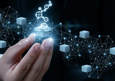 Illustration of hiring developers for microservices-based applications, showing interconnected service nodes, API gateways, and container orchestration tools like Kubernetes.