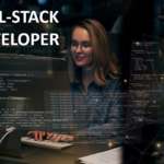 A split-screen illustration showing a developer working on both frontend and backend environments—one side features a vibrant UI design with code snippets for React and JavaScript, while the other side displays server architecture, databases, and API endpoints. A checklist and magnifying glass hover over the scene, with the overlaid text reading "Hiring Full-Stack Developers: What to Look For."