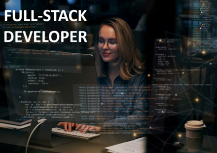 A split-screen illustration showing a developer working on both frontend and backend environments—one side features a vibrant UI design with code snippets for React and JavaScript, while the other side displays server architecture, databases, and API endpoints. A checklist and magnifying glass hover over the scene, with the overlaid text reading "Hiring Full-Stack Developers: What to Look For."