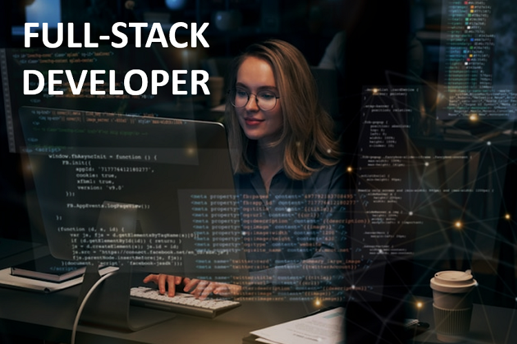 A split-screen illustration showing a developer working on both frontend and backend environments—one side features a vibrant UI design with code snippets for React and JavaScript, while the other side displays server architecture, databases, and API endpoints. A checklist and magnifying glass hover over the scene, with the overlaid text reading "Hiring Full-Stack Developers: What to Look For."