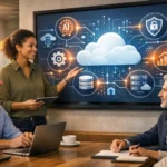Diverse team of cloud professionals collaborating in a high-tech office with floating cloud icons and job role tags, showcasing top Cloud Computing Careers in demand