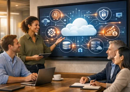 Diverse team of cloud professionals collaborating in a high-tech office with floating cloud icons and job role tags, showcasing top Cloud Computing Careers in demand