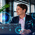 Futuristic HR dashboard with AI recruitment tools and diverse tech talent pools, showcasing the Future of Technical Recruitment across US cities