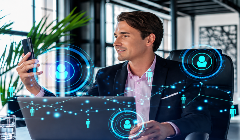 Futuristic HR dashboard with AI recruitment tools and diverse tech talent pools, showcasing the Future of Technical Recruitment across US cities