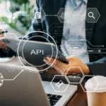 API engineers connecting various digital platforms through interconnected nodes and data flows, powering seamless Digital Products