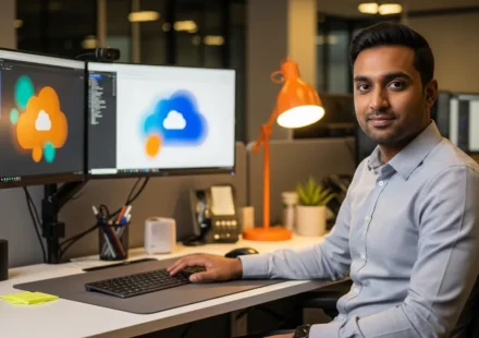 Cloud engineer candidate completing a live coding and infrastructure assessment during Technical Screening, with cloud icons and evaluation metrics on screen