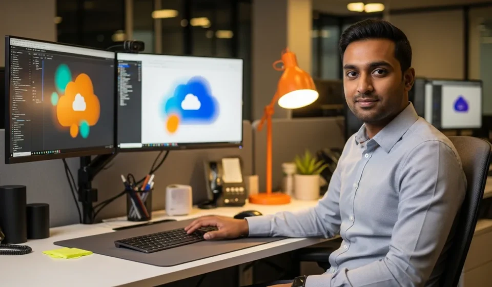 Cloud engineer candidate completing a live coding and infrastructure assessment during Technical Screening, with cloud icons and evaluation metrics on screen