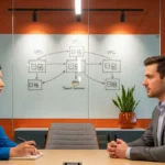 Startup founder and AWS cloud engineer reviewing cloud infrastructure on a dashboard, discussing the right time for a Startup Hire an AWS professional