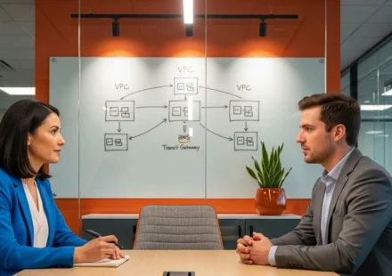 Startup founder and AWS cloud engineer reviewing cloud infrastructure on a dashboard, discussing the right time for a Startup Hire an AWS professional