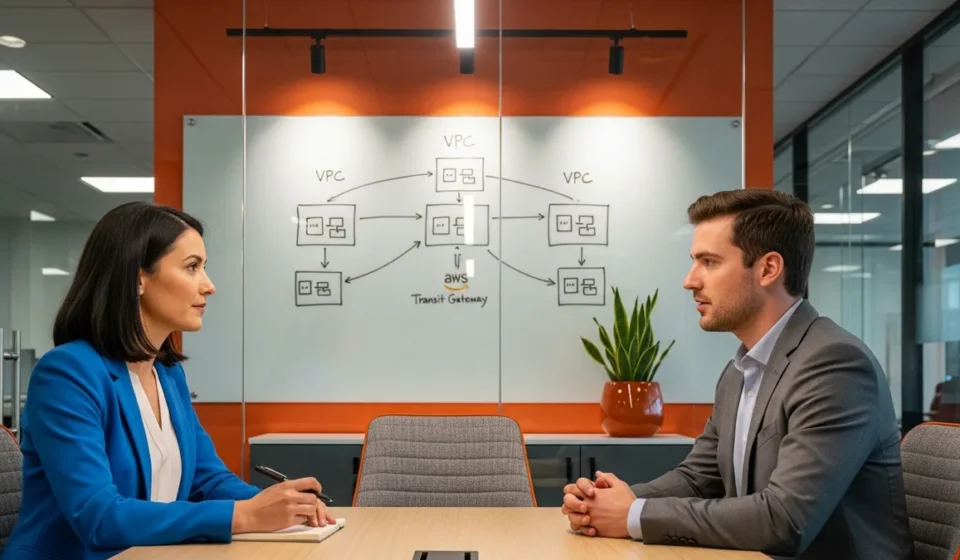 Startup founder and AWS cloud engineer reviewing cloud infrastructure on a dashboard, discussing the right time for a Startup Hire an AWS professional