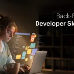 A powerful illustration featuring a robust server infrastructure acting as the engine of a high-speed vehicle, with data flowing seamlessly through secure pipelines to power various digital touchpoints—mobile apps, websites, and IoT devices. A trophy and growth graph sit atop the engine, symbolizing achievement. Overlaid text reads "Why Skilled Backend Developers Drive Tech Success." The image visually reinforces that backend excellence is the foundation of Tech Success.