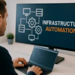 A futuristic illustration featuring a control center dashboard with automated workflows, interconnected gears, and robotic arms orchestrating server configurations across multiple cloud environments. Code snippets for Terraform, Ansible, and Chef float prominently, while a checklist of best practices and a recruiter's hand selecting the top candidate appear alongside. Overlaid text reads "How to Hire Infrastructure Automation Specialists." The image represents a strategic blueprint for identifying Automation Specialists who can eliminate manual processes and drive operational efficiency.