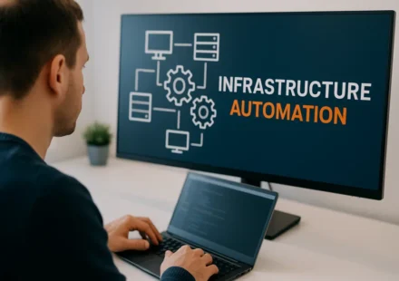 A futuristic illustration featuring a control center dashboard with automated workflows, interconnected gears, and robotic arms orchestrating server configurations across multiple cloud environments. Code snippets for Terraform, Ansible, and Chef float prominently, while a checklist of best practices and a recruiter's hand selecting the top candidate appear alongside. Overlaid text reads "How to Hire Infrastructure Automation Specialists." The image represents a strategic blueprint for identifying Automation Specialists who can eliminate manual processes and drive operational efficiency.