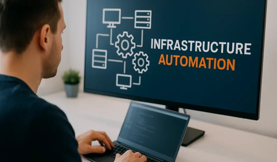A futuristic illustration featuring a control center dashboard with automated workflows, interconnected gears, and robotic arms orchestrating server configurations across multiple cloud environments. Code snippets for Terraform, Ansible, and Chef float prominently, while a checklist of best practices and a recruiter's hand selecting the top candidate appear alongside. Overlaid text reads "How to Hire Infrastructure Automation Specialists." The image represents a strategic blueprint for identifying Automation Specialists who can eliminate manual processes and drive operational efficiency.