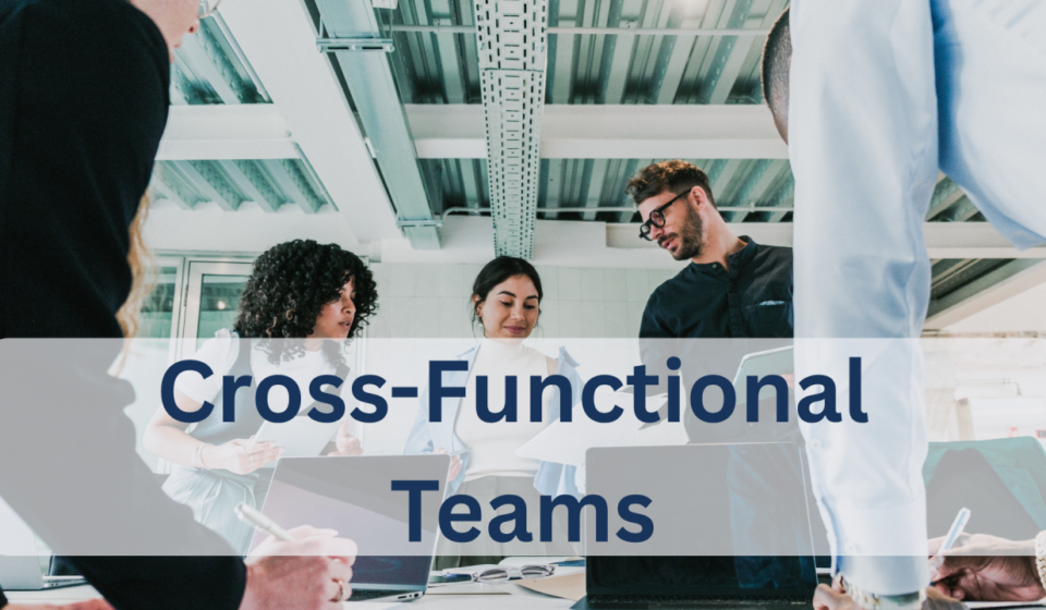 A vibrant illustration of a circular team formation where diverse specialists—frontend developers, backend engineers, DevOps professionals, data scientists, QA testers, and product designers—are connected by glowing lines representing collaboration and shared goals. Each figure holds a distinct tool icon, while a central hub displays a unified project dashboard. Overlaid text reads "Building Cross-Functional Engineering Teams With Specialized Talent." The image represents the power of Cross-Functional Engineering teams that combine diverse expertise to deliver end-to-end solutions.