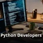 A dynamic illustration featuring a Python logo at the center, surrounded by interconnected data pipelines, machine learning models, and scalable cloud infrastructure icons. On one side, data visualizations and database symbols represent analytics; on the other, auto-scaling server clusters and API endpoints symbolize high-performance applications. A recruiter's magnifying glass highlights key skill badges labeled "Django," "Pandas," "FastAPI," and "PySpark." Overlaid text reads "Hiring Python Developers for Data-Driven and Scalable Applications." The image represents the dual demand for Python Developers who can bridge data science and production-grade engineering.