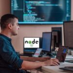 A dynamic illustration featuring the Node.js logo at the center, surrounded by interconnected server nodes, real-time data streams, and a rising performance graph. Icons representing non-blocking I/O, event-driven architecture, and microservices highlight key capabilities. A silhouette of a developer overseeing the system emphasizes expertise, while overlaid text reads "How Node.js Talent Supports High-Performance Web Applications." The image represents the critical role of skilled Node.js Talent in building fast, scalable web solutions.